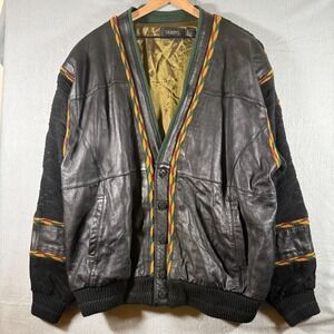 SAXONY Mens 2XL Leather Wool Blend Cardigan Sweater 3D Coogi Style Woven 25x30